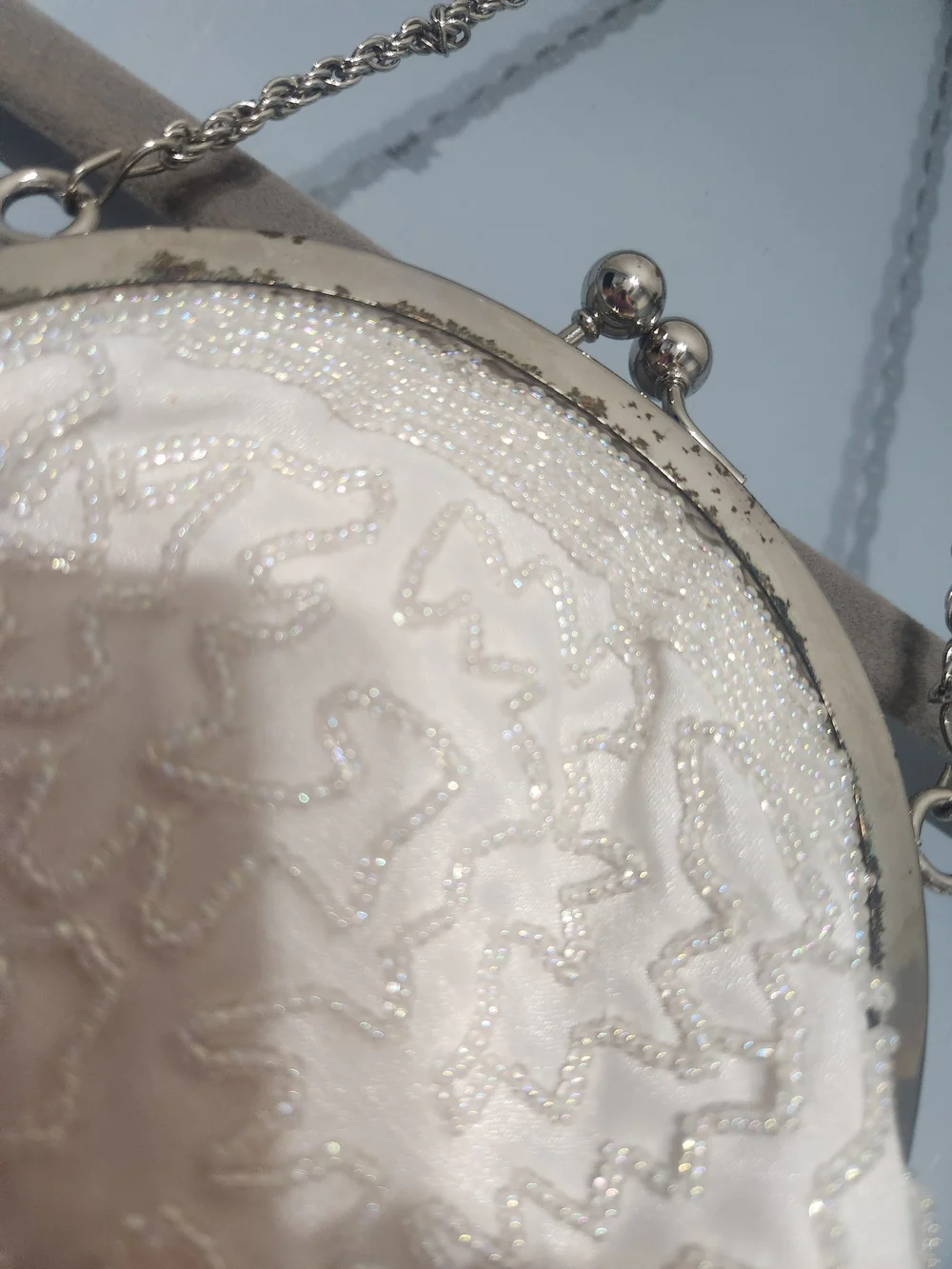 Vintage La Regale Purse White Beaded Evening Clutch, Chain Strap, Kiss Lock